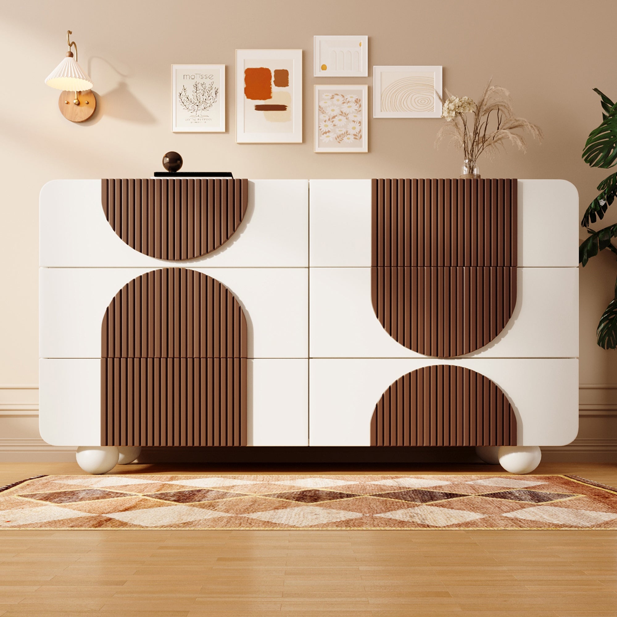 Buffet moderne 121x41x71cm - avec 6 tiroirs coulissants silencieux - conception géométrique - avec des lattes en bois marron chocolat - Blanc + Marron - 2