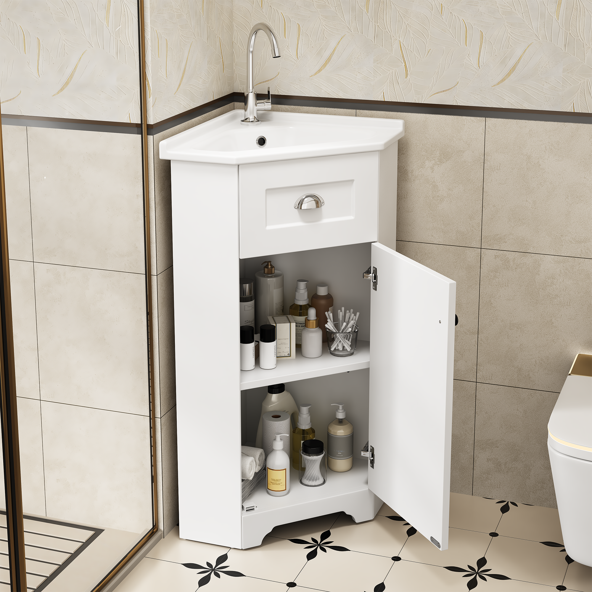 Mobile lavabo per bagno - con lavabo in ceramica - con 1 anta - bianco (rubinetto non incluso) - 2