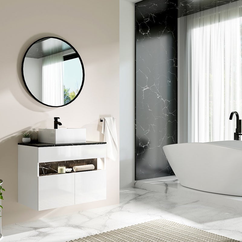 Szafka łazienkowa wisząca z oświetleniem LED i umywalką nablatową - Biały i czarny z efektem marmuru - szer. 80 cm - POZEGA