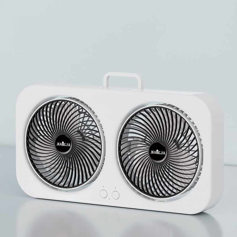 Wentylator USB z podwójną głowicą, 3 prędkości, cichy, bateria 1800mAh, obrót 360°, z podstawą i haczykiem, do domu, biura, na zewnątrz