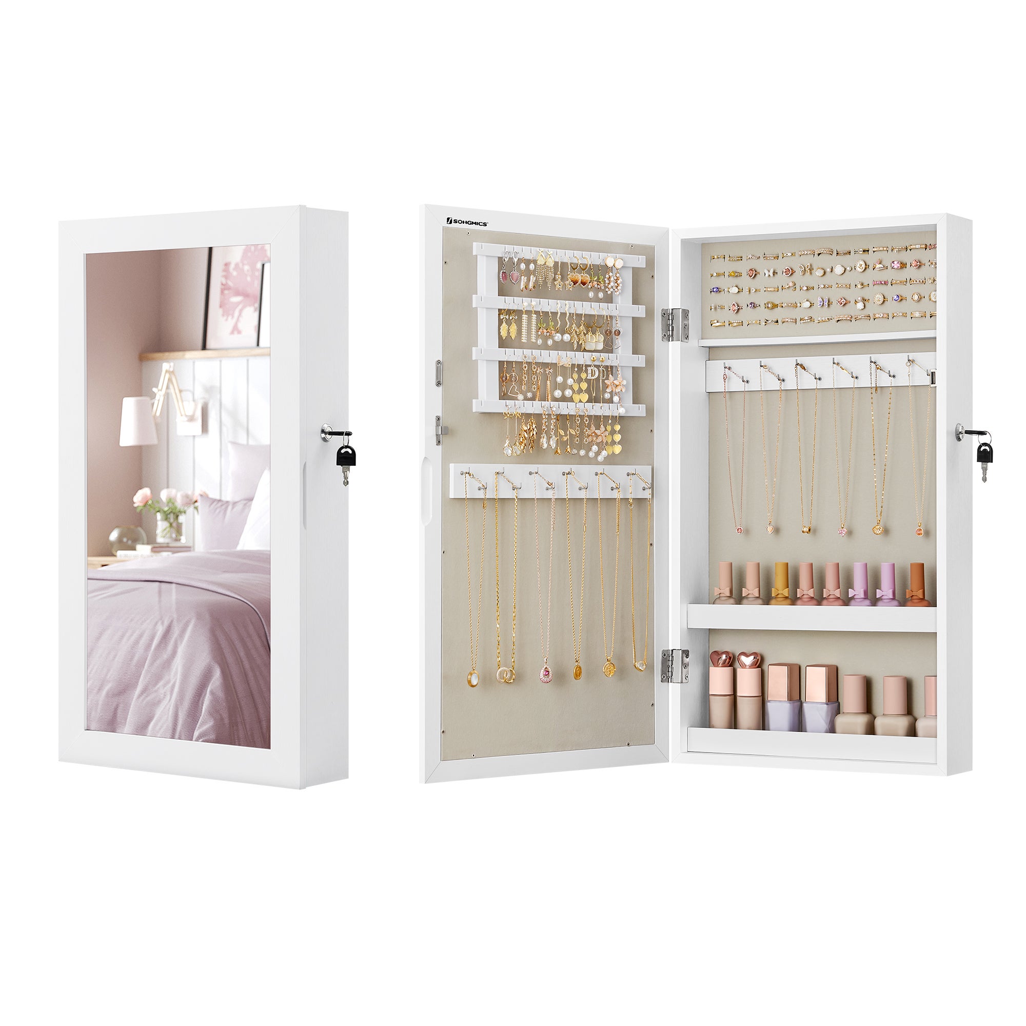 Armoire à Bijoux Murale, Organisateur de Bijoux, Rangement, Verrouillable, avec Miroir, Peu Encombrant, Surface en Blanc et Doublure en Grège - 7