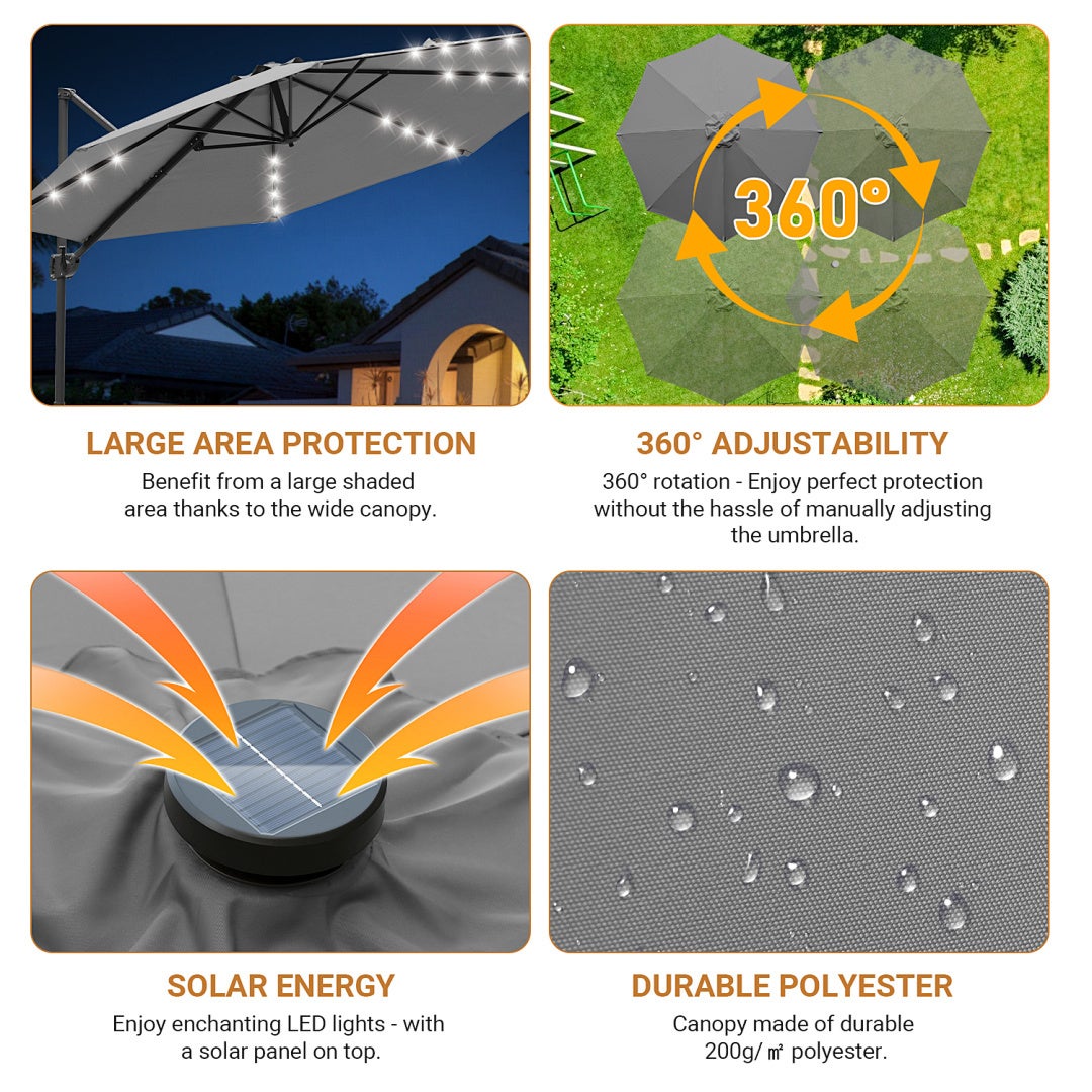 Parasol déporté gris 300 cm avec 28 LED solaires, rotation complète, inclinaison réglable, toile anti-UV UV50+ - 4