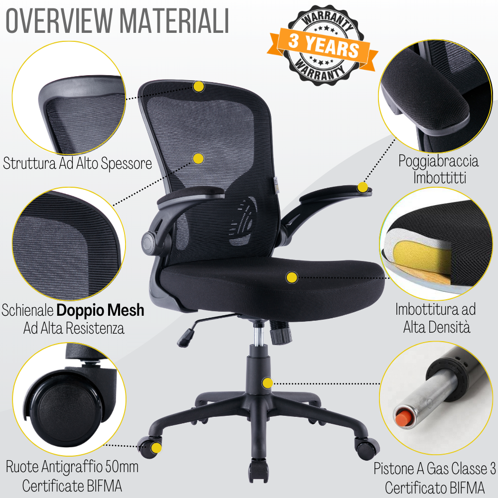 Sedia Ufficio Ergonomica Girevole Reclinabile da Scrivania con Braccioli, Regolabile in Tessuto Nero - ZIK - 6