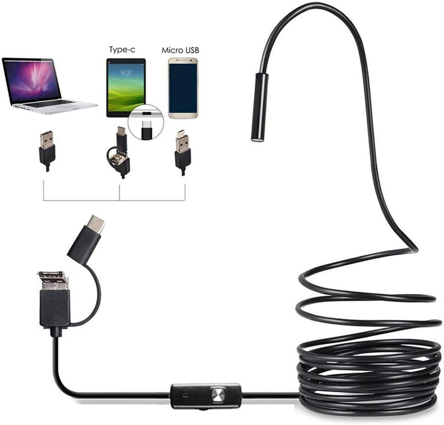 Kamera inspekcyjna endoskopowa 3 w 1, wodoodporna kamera HD, wąż drenażowy z 6 regulowanymi diodami LED, adapter USB do telefonu z systemem Android