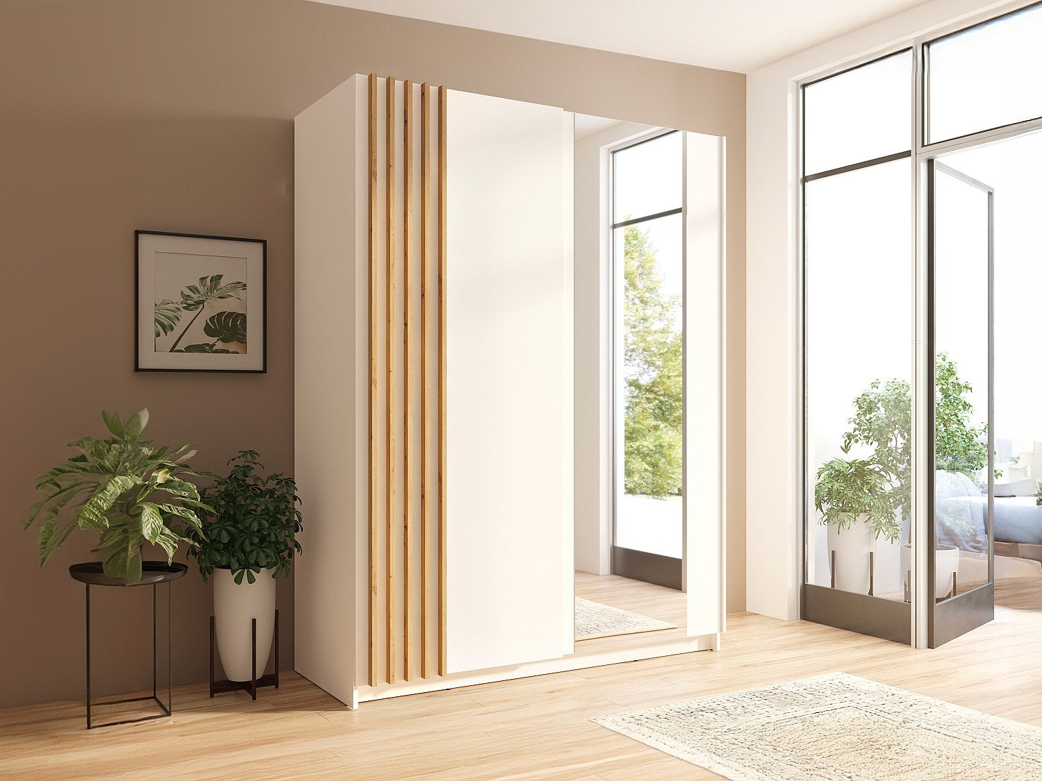 Szafa 2-drzwiowa przesuwna – Lustro – dł. 150 cm – Biała i naturalna – CALELA