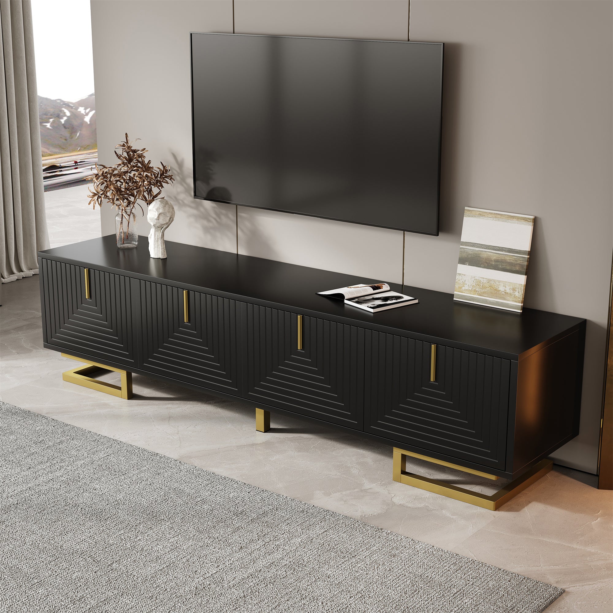 Szafa pod TV 160x38x44,5 cm - 4 drzwi - Złote uchwyty i nogi - Płyta wiórowa - czarny