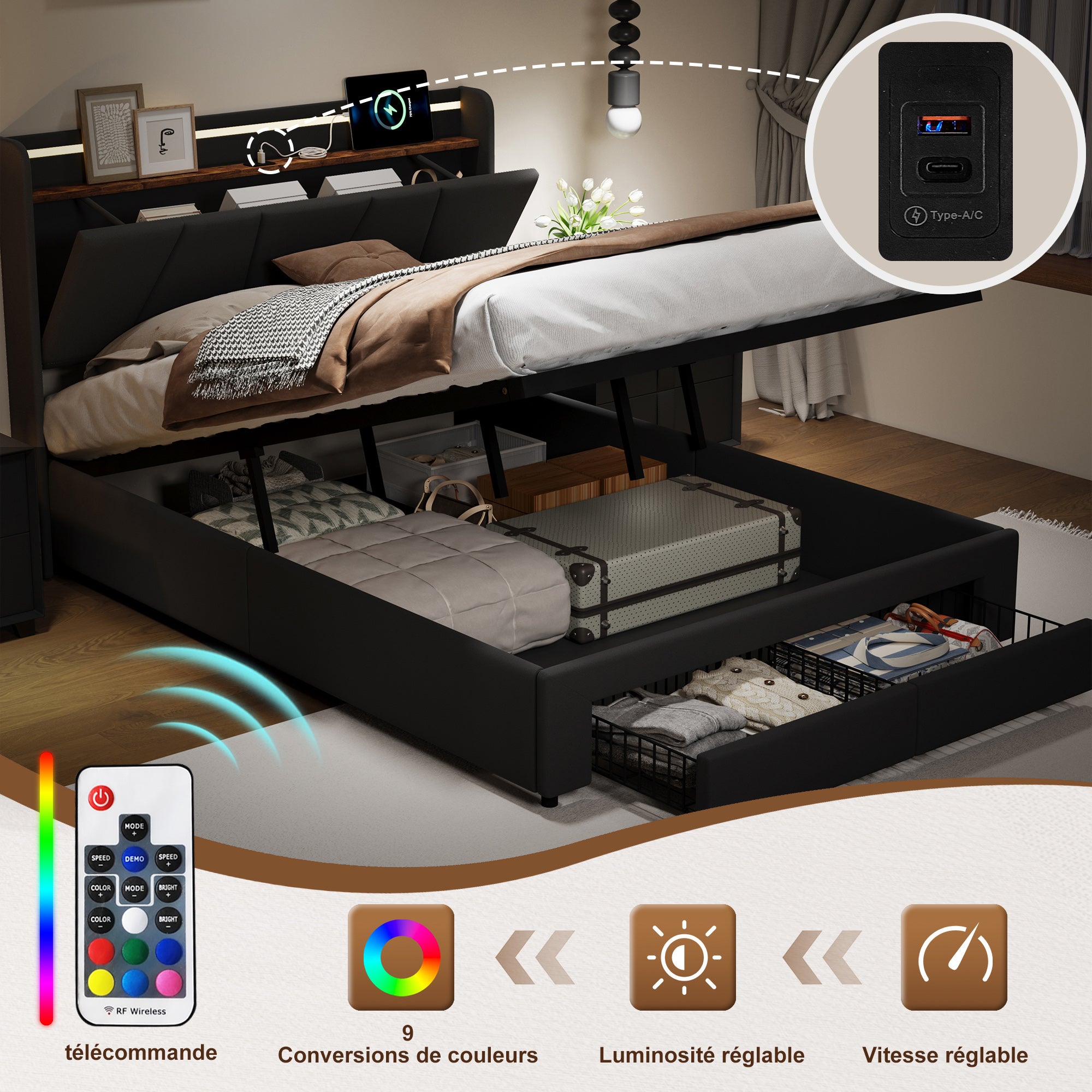 Lit coffre 140x190 cm avec LED et 2 tiroirs, cadre de lit double 140x190 cm avec sommier à lattes, lit adulte, tissu en lin, 140x190 cm, gris - 4