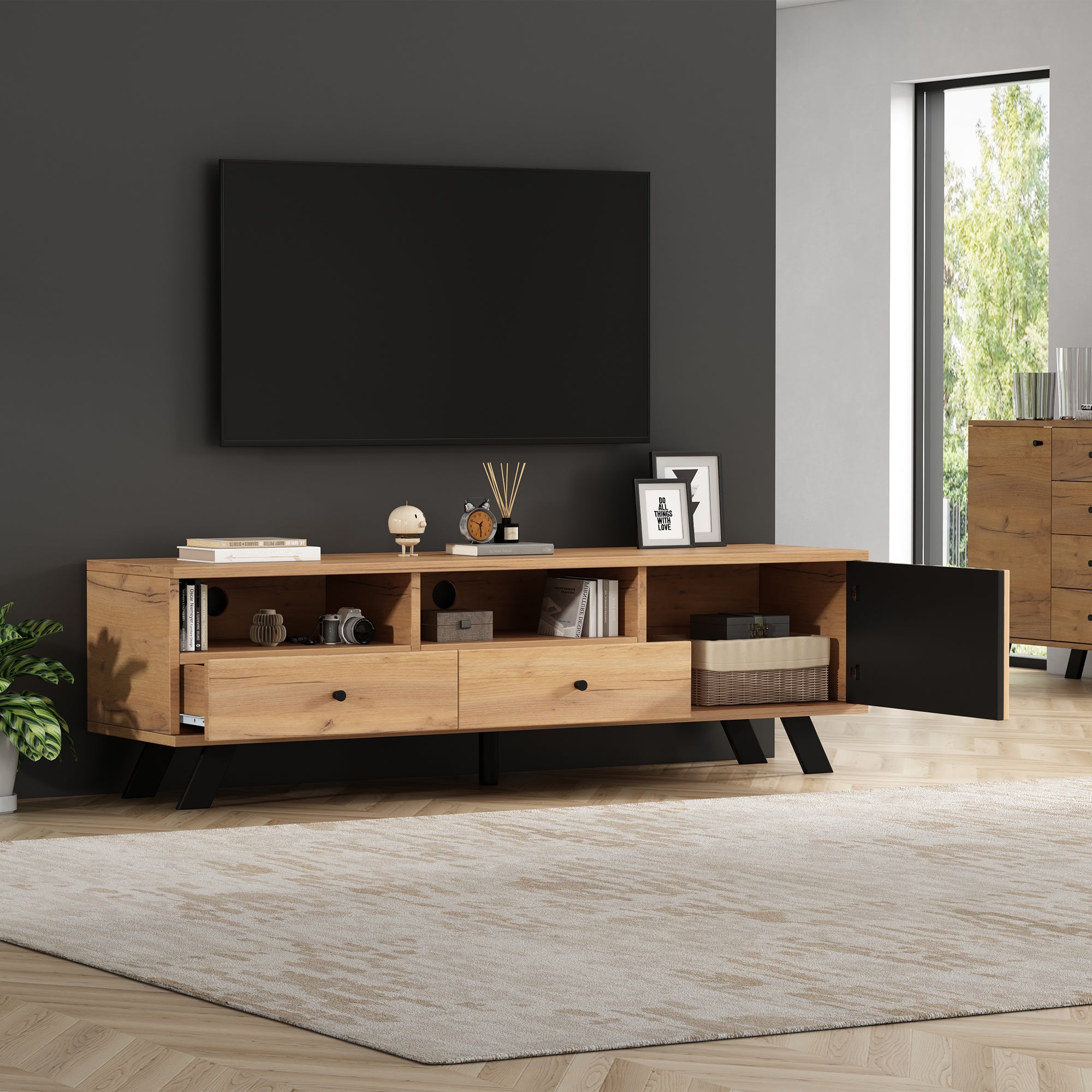 Meuble TV avec 2 tiroirs, 2 compartiments et 1 porte - 150 x 38 x 44 cm - Panneau de particules - Bois naturel - 5