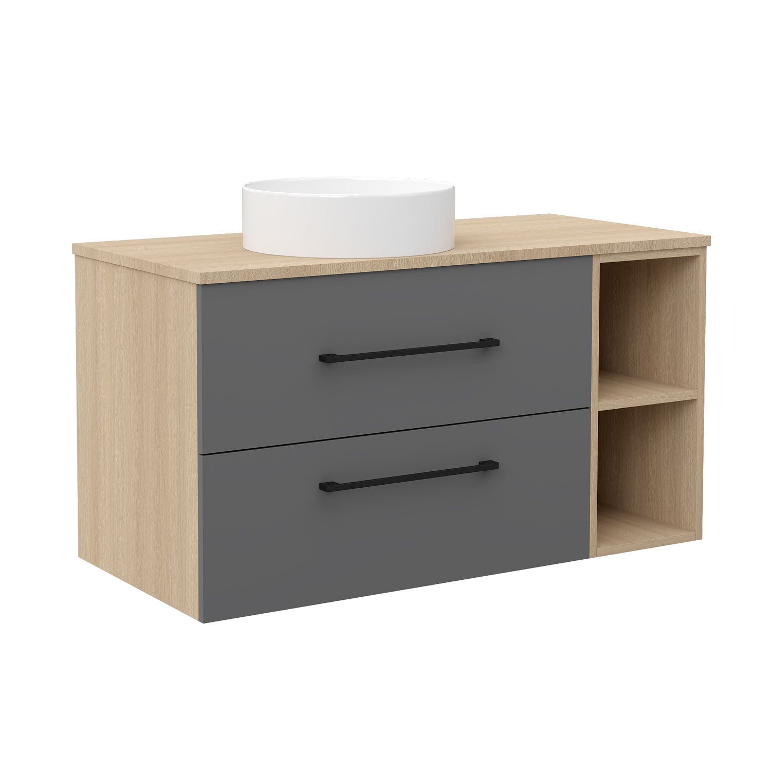 Meubles Salle de Bain 100cm avec simple vasque céramique - 2 tiroirs Anthracite et Chêne Wotan - 2