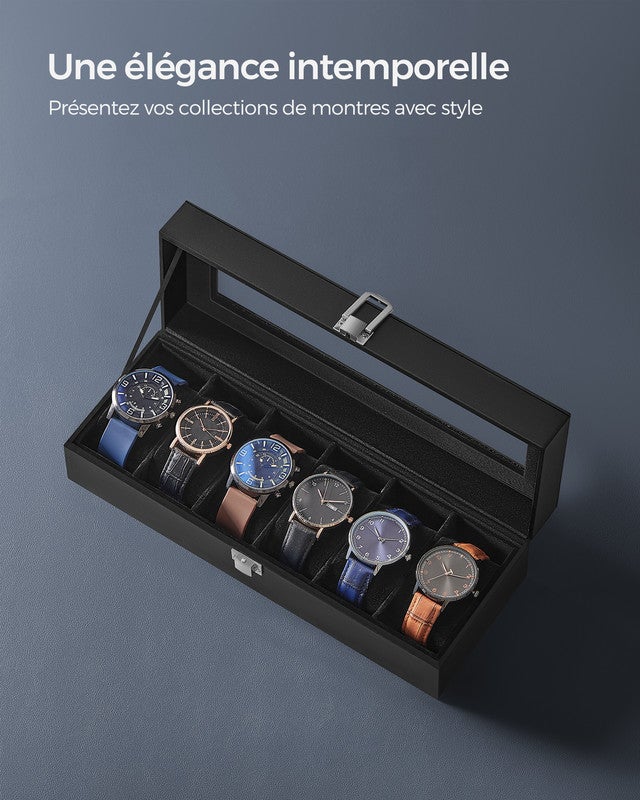 Boîte à Montres à 6 Emplacements, Écrin, Couvercle en Verre, Coussinets Amovibles, Serrure en Métal, Revêtement en Noir et Doublure en Noir - 6
