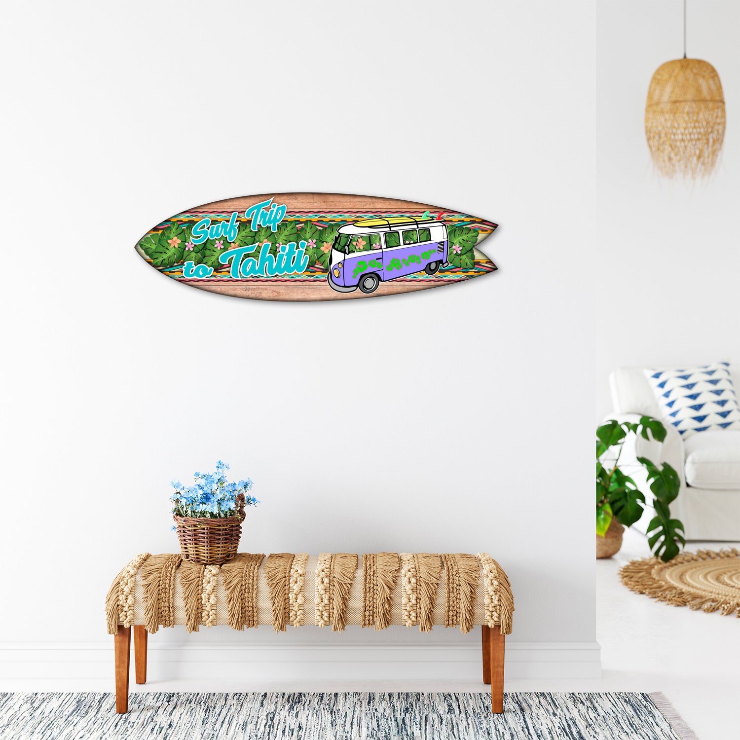 DECLINA, planche de surf décorative, décoration murale, surf déco, alu-dibond, Planche de surf Déco Surf trip to Tahiti, 100x30 cm - 2
