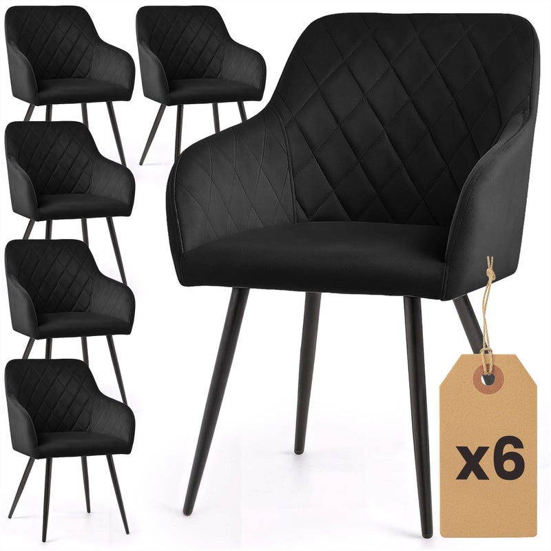 6x Welurowe krzesło tapicerowane pikowane w romby Czarne VELTO Czarne nogi