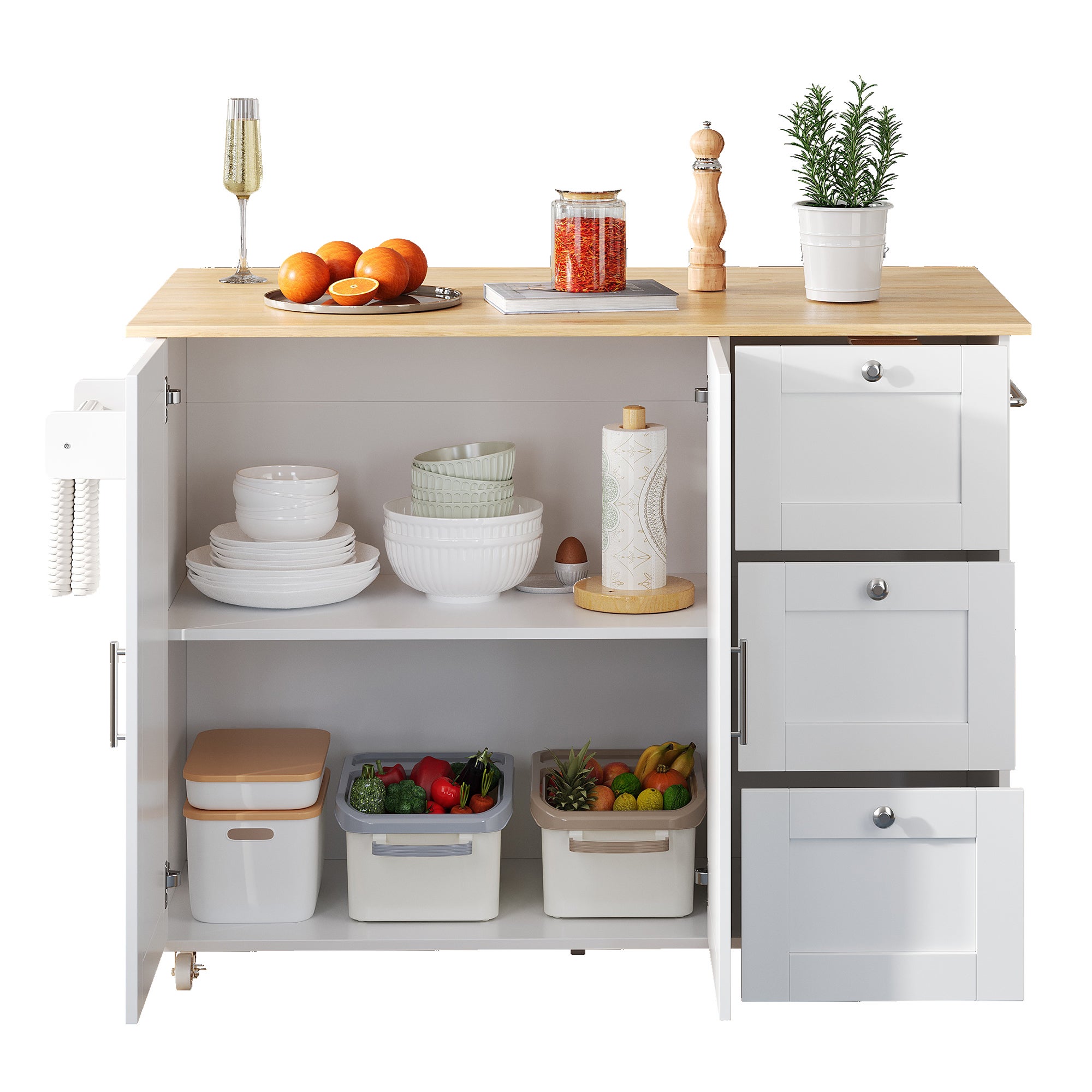 Îlot central de cuisine mobile avec 2 portes et 3 tiroirs - 135 x 44/70 x 90 cm - MDF - Plateau extensible - Blanc + naturel - 5