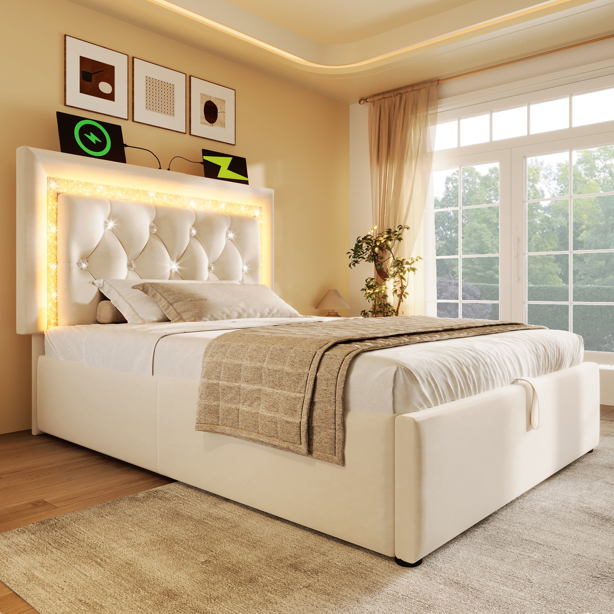 Łóżko z pojemnikiem na pościel 90 x 200 cm i zagłówkiem - Tkanina aksamitna - Diody LED - Porty USB i typu C - Beżowe (Materac w zestawie) - 8