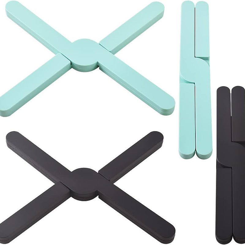 (Czarny, niebieski) 4 antypoślizgowe silikonowe uchwyty na garnki, konstrukcja składana na krzyż, odpowiednie do gorących naczyń