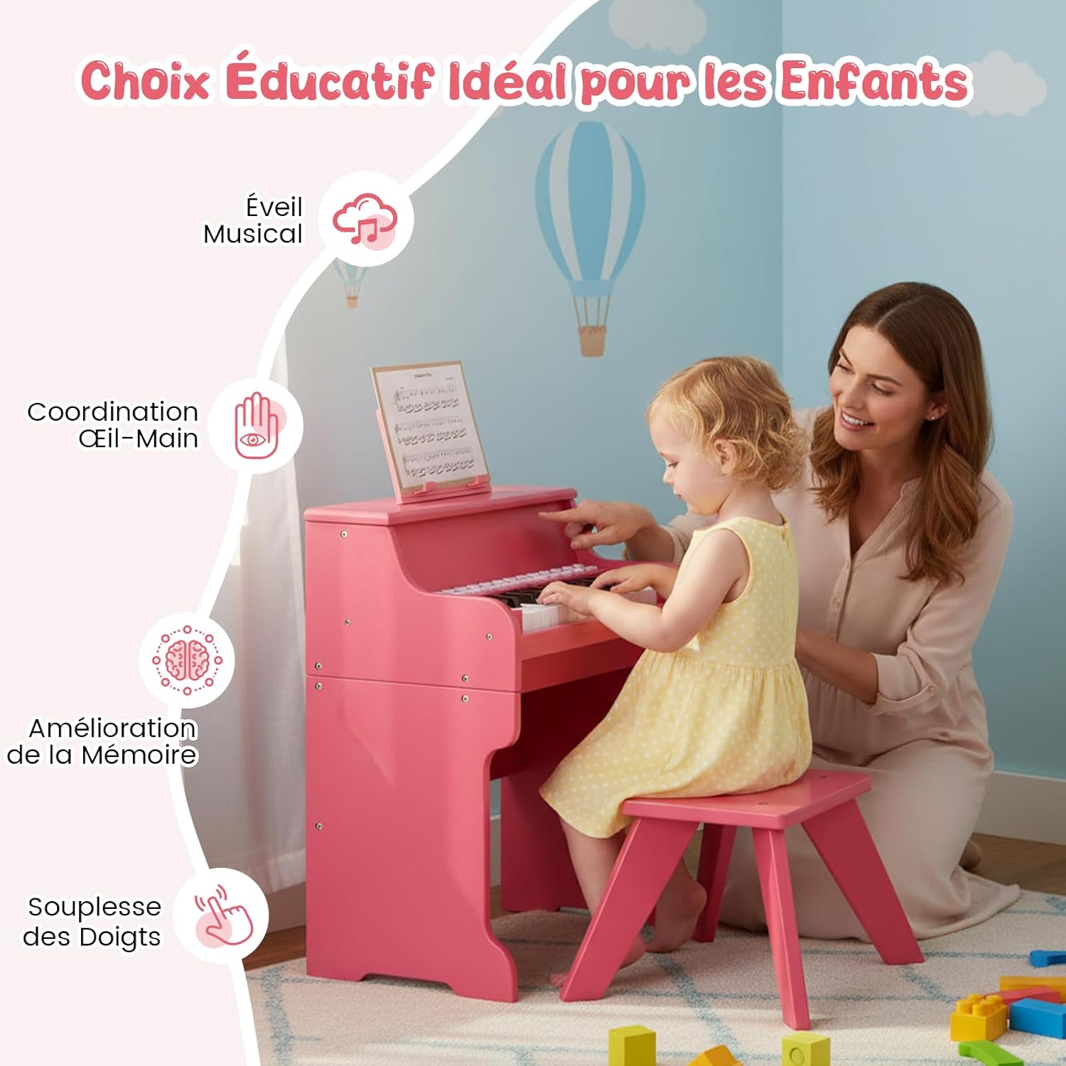 Piano Infantil De Madera Bubblat Kids – Con Teclas De Colores Y Partituras, Estilo Montessori, Para Niños Desde 18 Meses