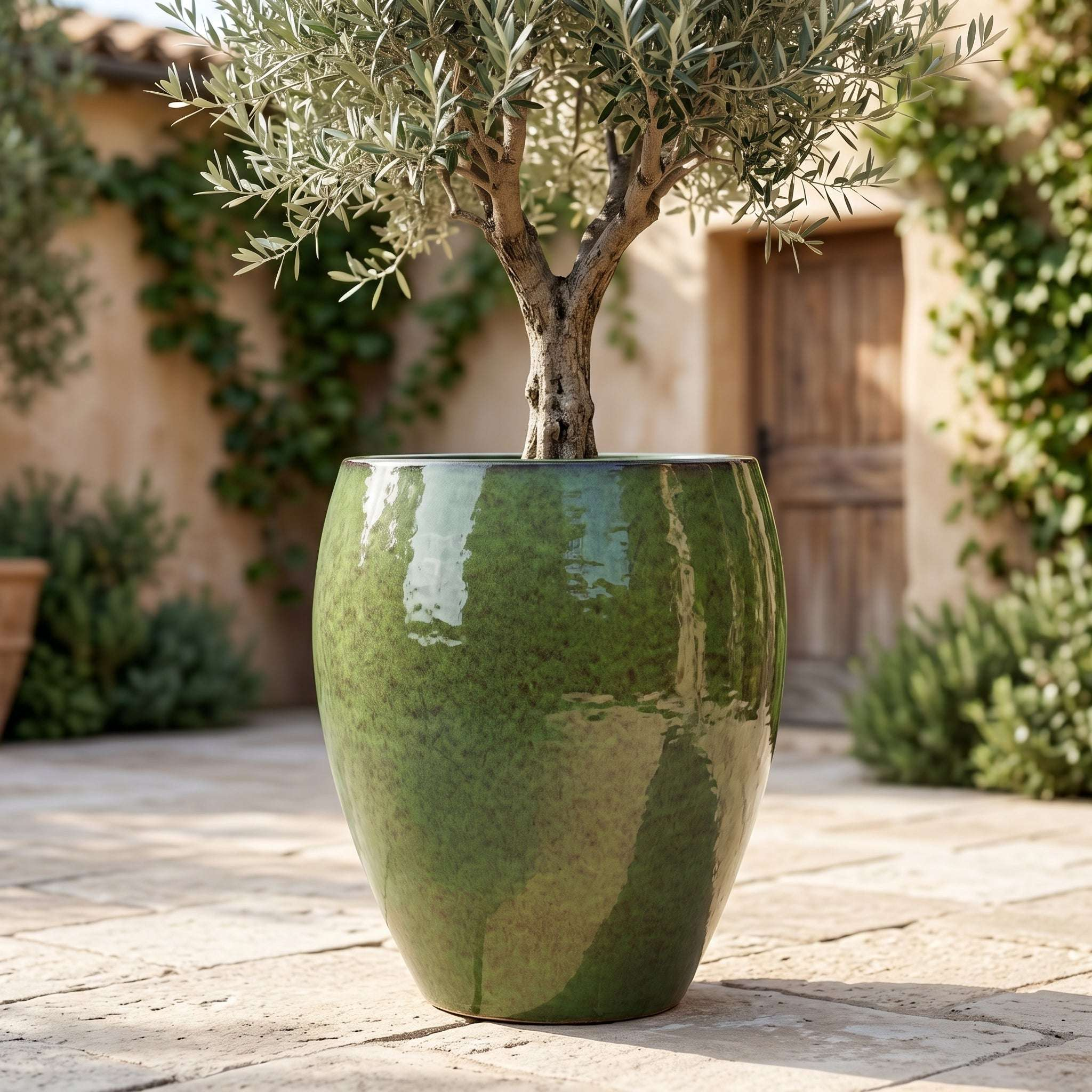 Pot grande taille d'extérieur POSEIDON 28x31cm vert tropical, fait main en terre cuite émaillée, résistant au gel - 2
