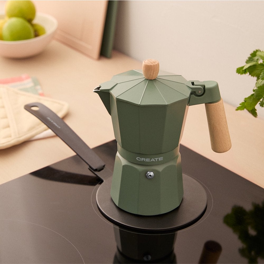 Expresso Tradicional Italiano Cafetera Italiana MOKA RETRO - 9 Tazas, Aluminio, Válvula Seguridad, Para Gas Y Eléctrica Create Thera