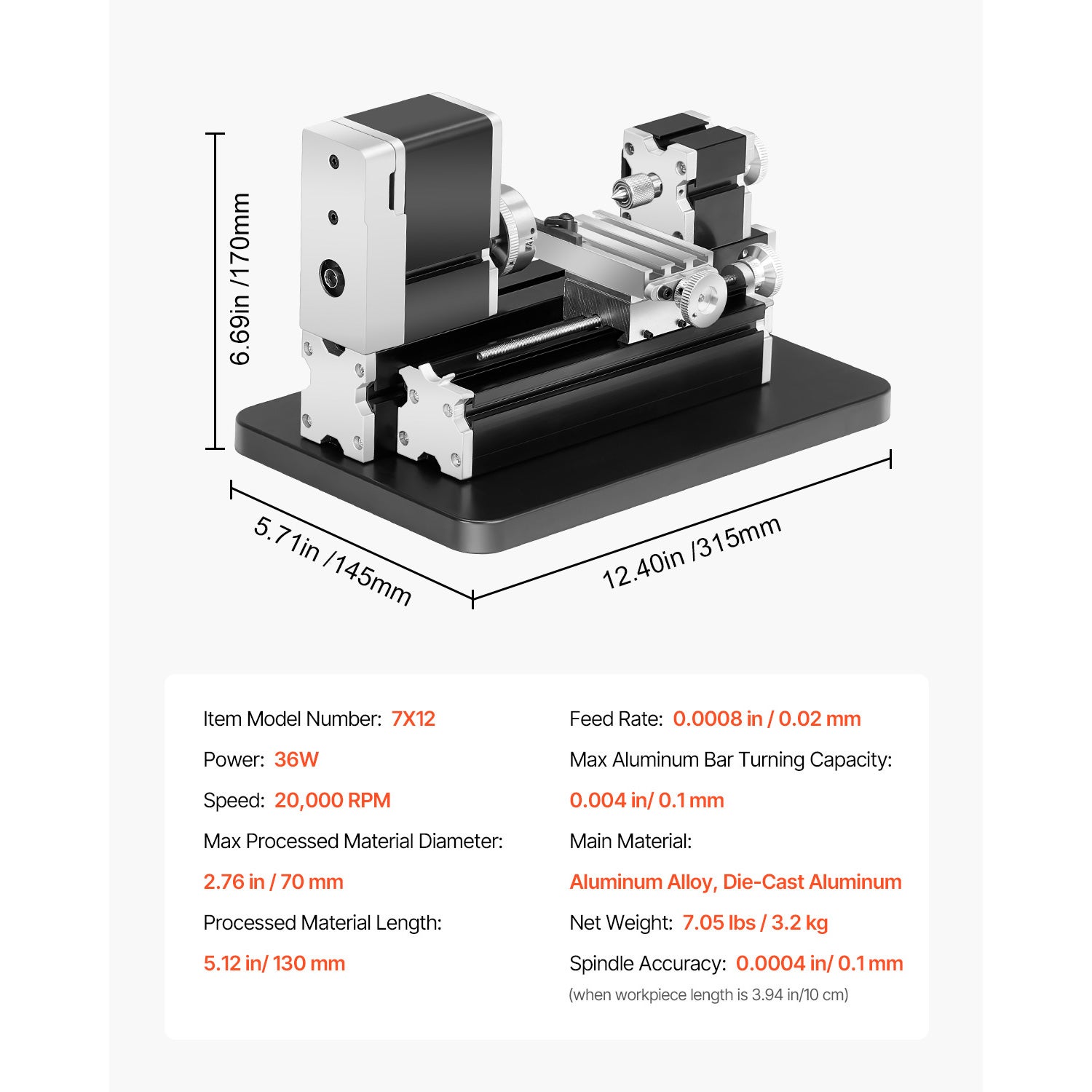 Torno Compacto Elétrico para Metais SucceBuy 70 x 130 mm,Motor 36 W 20000 RPM,Mandril de 3 Mandíbulas,Projetado para Usinagem de Precisão - 9
