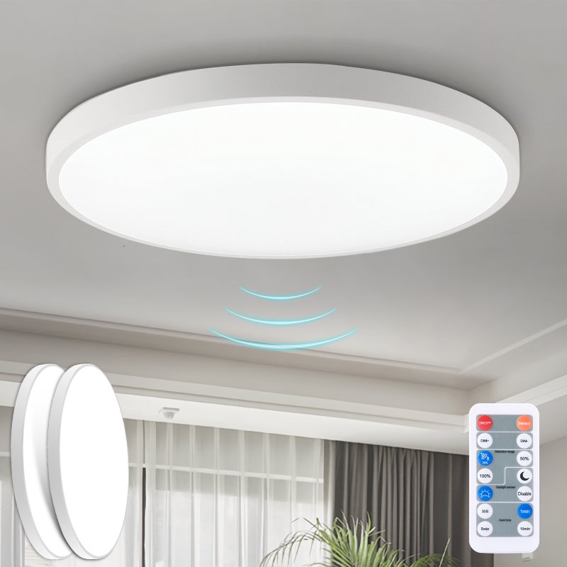 LOVHAUS Zestaw 2 sufitowych lamp LED 24W do garażu z radarowym czujnikiem ruchu, 2400LM, 4000K lampa sufitowa LED z pilotem IP54, ø30CM