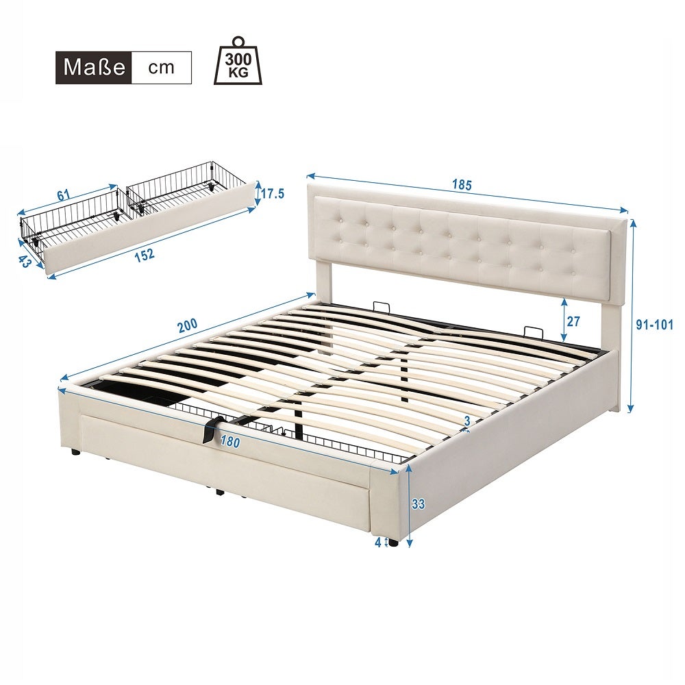 Lit avec tiroirs , lit rembourré, sommier à lattes, Lit coffre grand espace de rangement, lit double,180 x 200 cm tissu velours Beige - 2