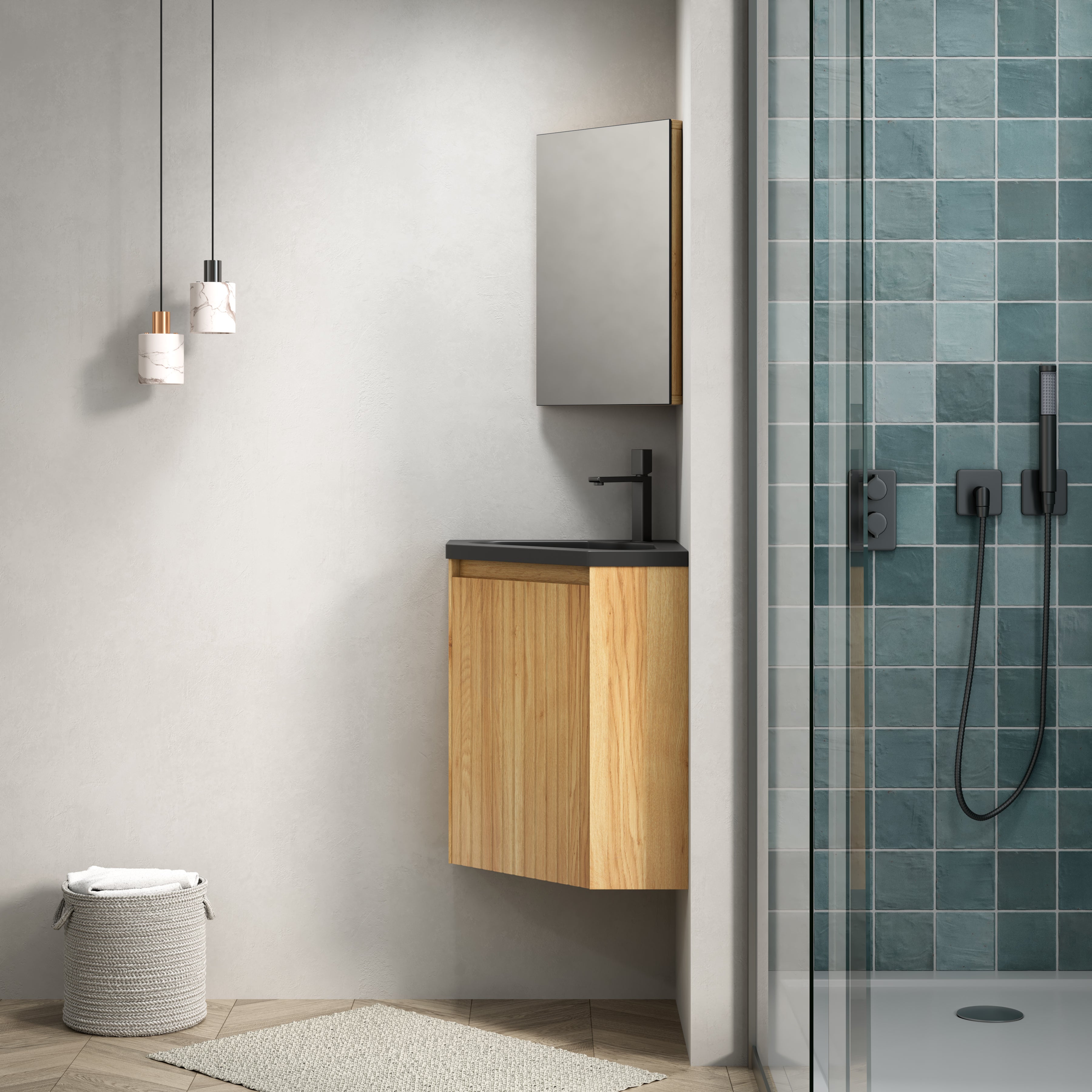 Meuble vasque d’angle suspendu 38 cm avec vasque intégrée en résine noire mate, armoire triangulaire à une porte, finition bois naturel - 4