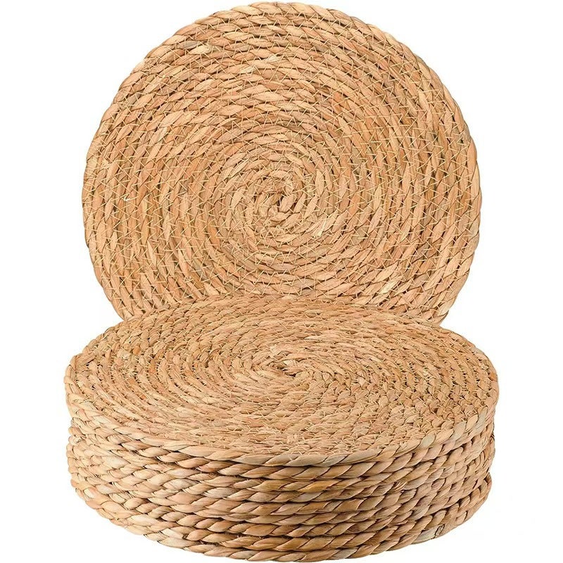 Juego de 10 manteles individuales redondos tejidos – manteles individuales de ratán trenzado, resistentes al calor, estilo bohemio, 33 cm