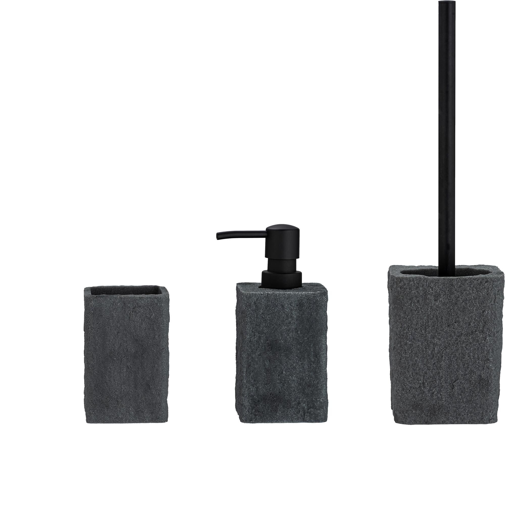 WENKO Set WC Villata, pregiato portascopino dal look effetto pietra naturale in poliresina di qualità, 11,2 x 37 x 10 cm, colore grigio - 3
