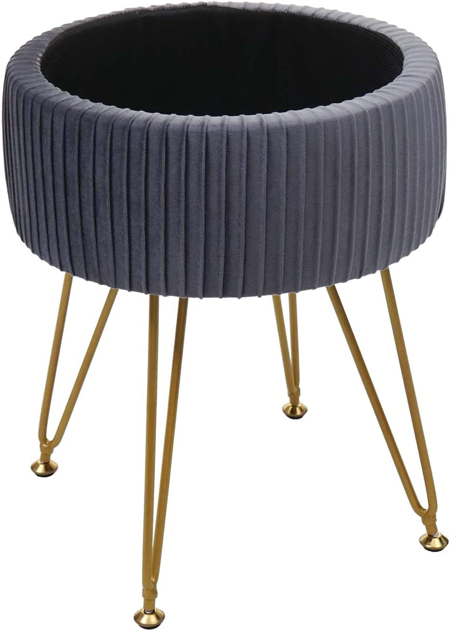 Tabouret avec compartiment de rangement Ø 33cm aspect velours gris clair cadre or TABO04012 - 4