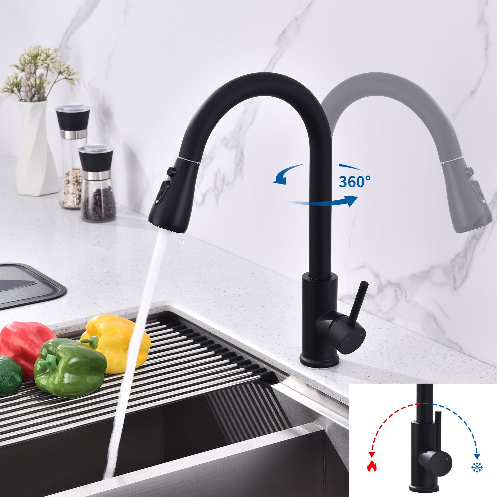 Torneira de Cozinha com Duchinha Extraível Misturador de Cozinha Preto em Aço Inoxidável Torneira de Pia de Cozinha Rotativa a 360° com 3 Modos - 3