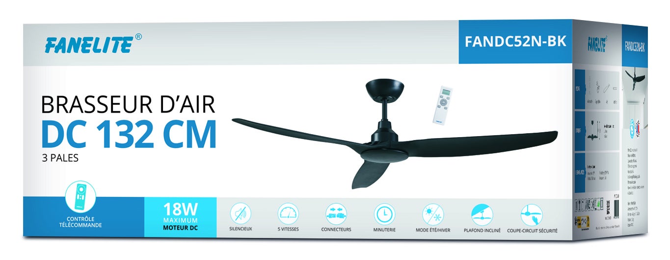 Fanelite - Ventilateur de plafond 132 cm noir FANDC52N-BK - Moteur DC 18W - 3 pales - SANS LUMIÈRE - Silencieux - 4