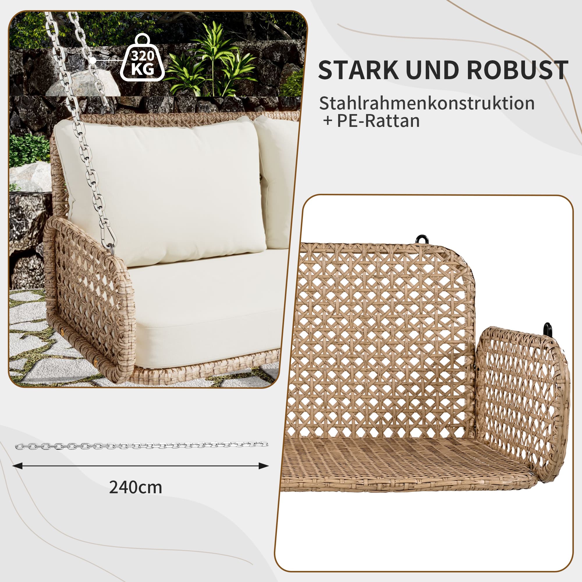 Balançoire en rotin PE deux places, coussins amovibles et lavables, 2 chaînes 240 cm, capacité 320 kg, sans cadre, pour jardin extérieur, beige - 5