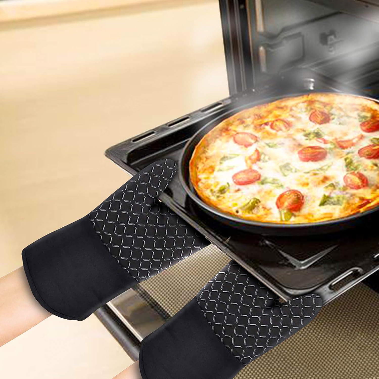 Gants de Four Gants de Four 1 Paire et Manique Silicone Gants de Cuisine Cuisine avec Tapis de Maniques Résistant à Chaleur Antidérapant (Noir) - 3