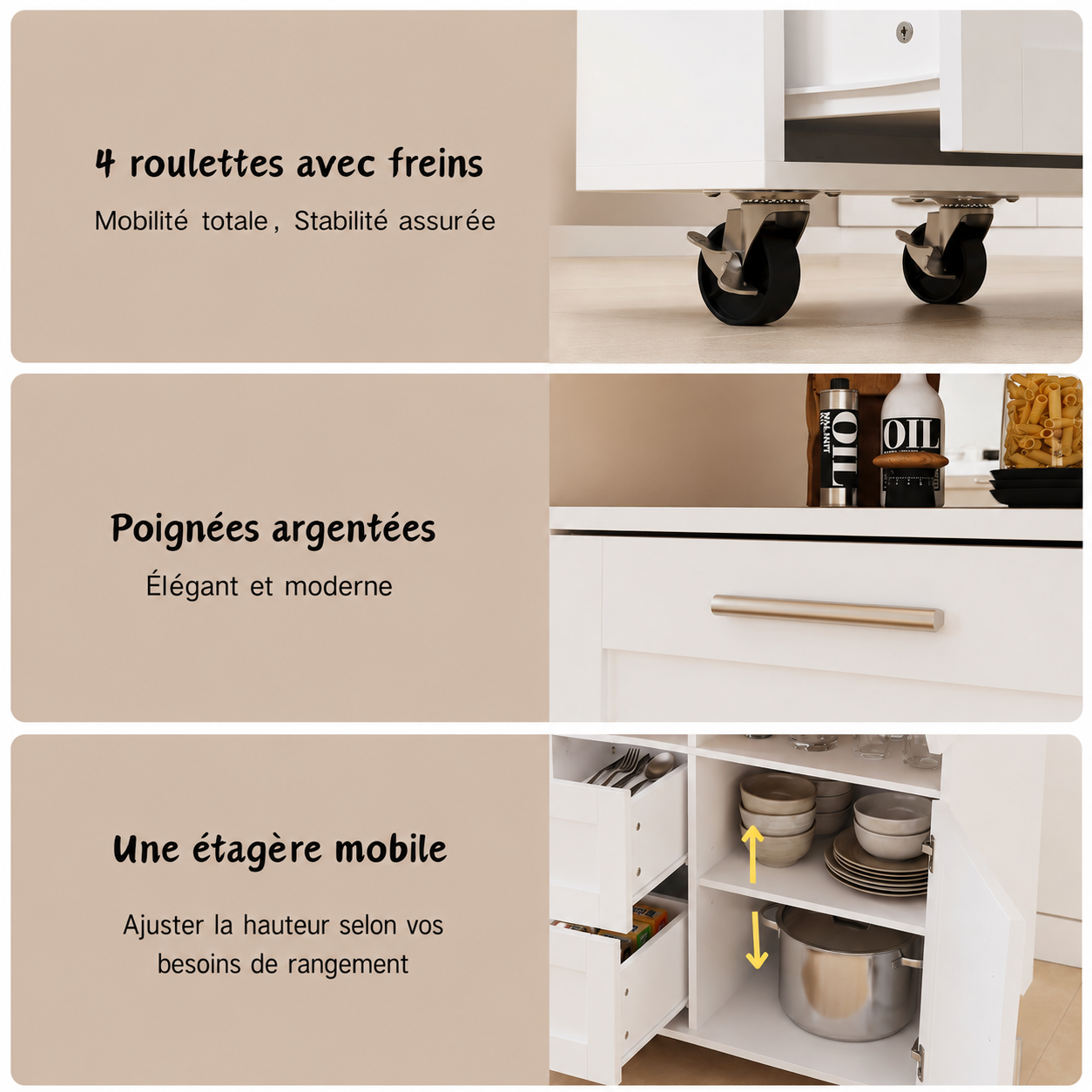 Îlot Central de Cuisine avec Plan de Travail Rabattable, 2 Tiroirs et Porte, Desserte de Cuisine à Roulette, 80x80x80.5, Blanc - 5