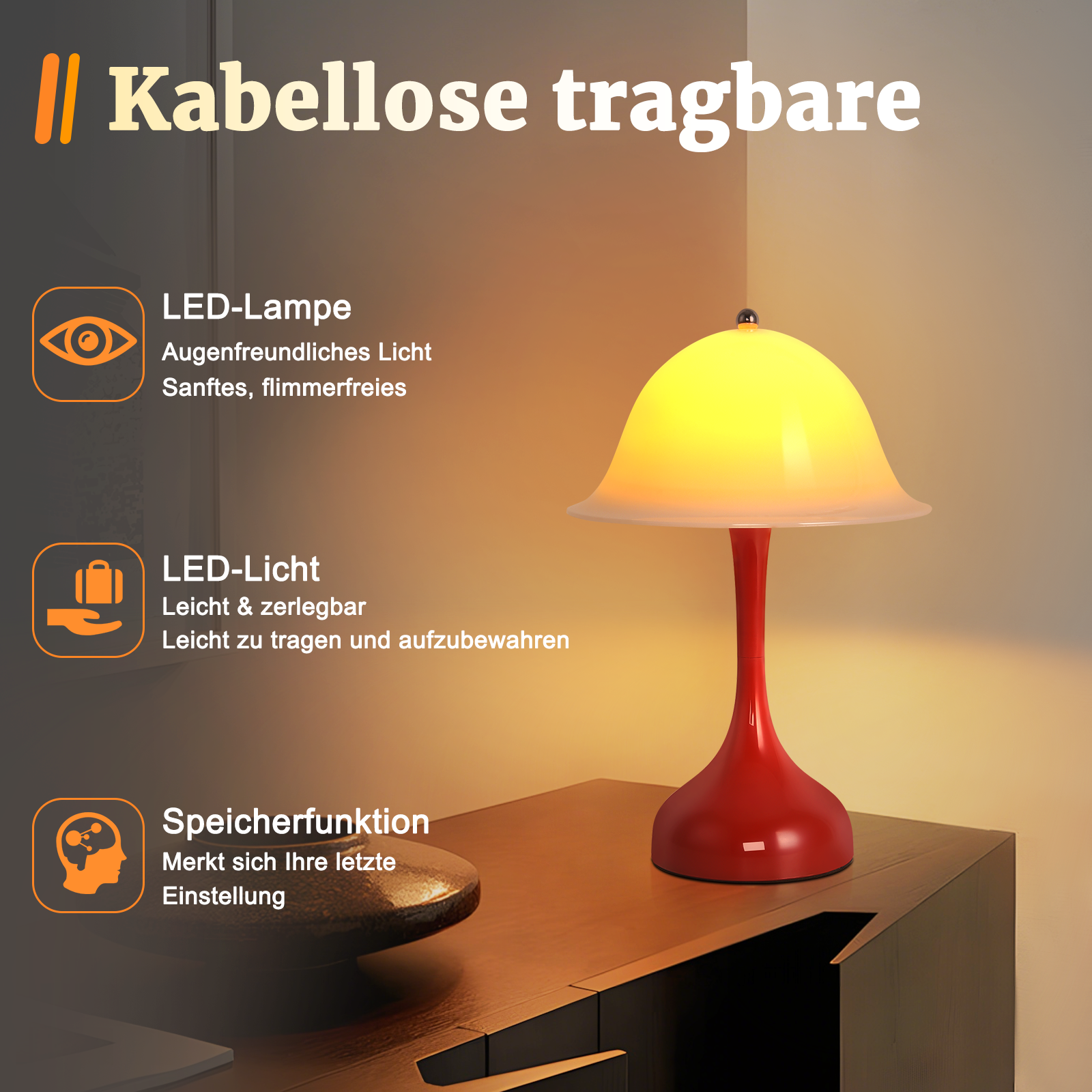 ZMH Bezprzewodowa lampka nocna LED z ładowaniem przez USB i dotykowym sterowaniem oraz ściemnialnym czerwonym kloszem do sypialni i wystroju domu - 6