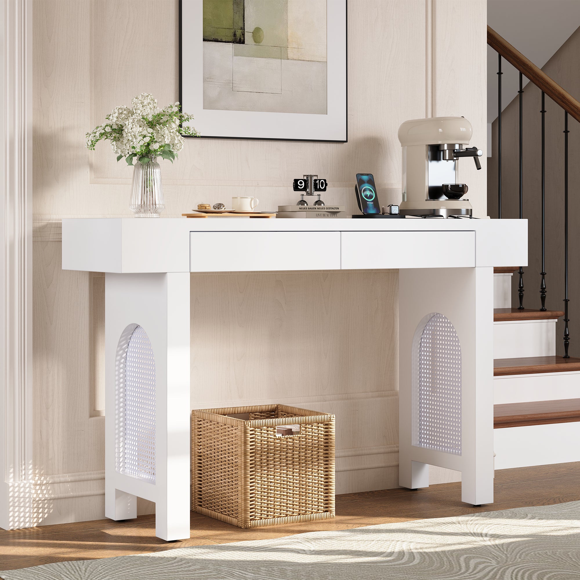 Stół konsolowy 120x35,5x76,5cm - z 2 szufladami - z gniazdkiem elektrycznym - MDF - Biały