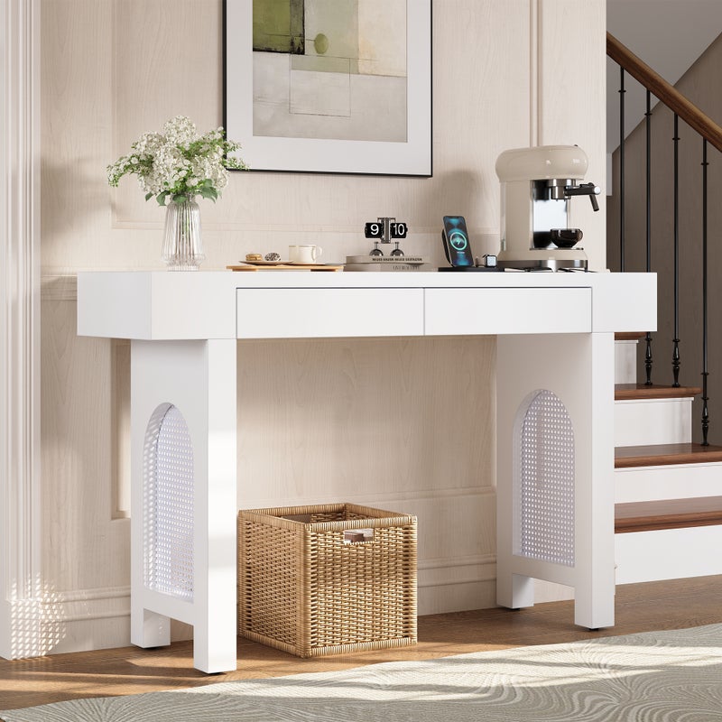 Stół konsolowy 120x35,5x76,5cm - z 2 szufladami - z gniazdkiem elektrycznym - MDF - Biały