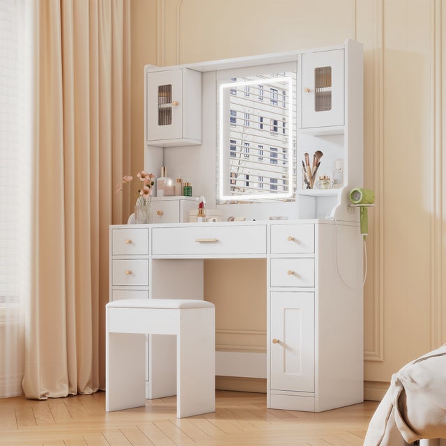 Toaletka z lustrem LED, stołkiem, 6 szufladami i 4 drzwiami - 105 x 40 x 152 cm - MDF - Biała