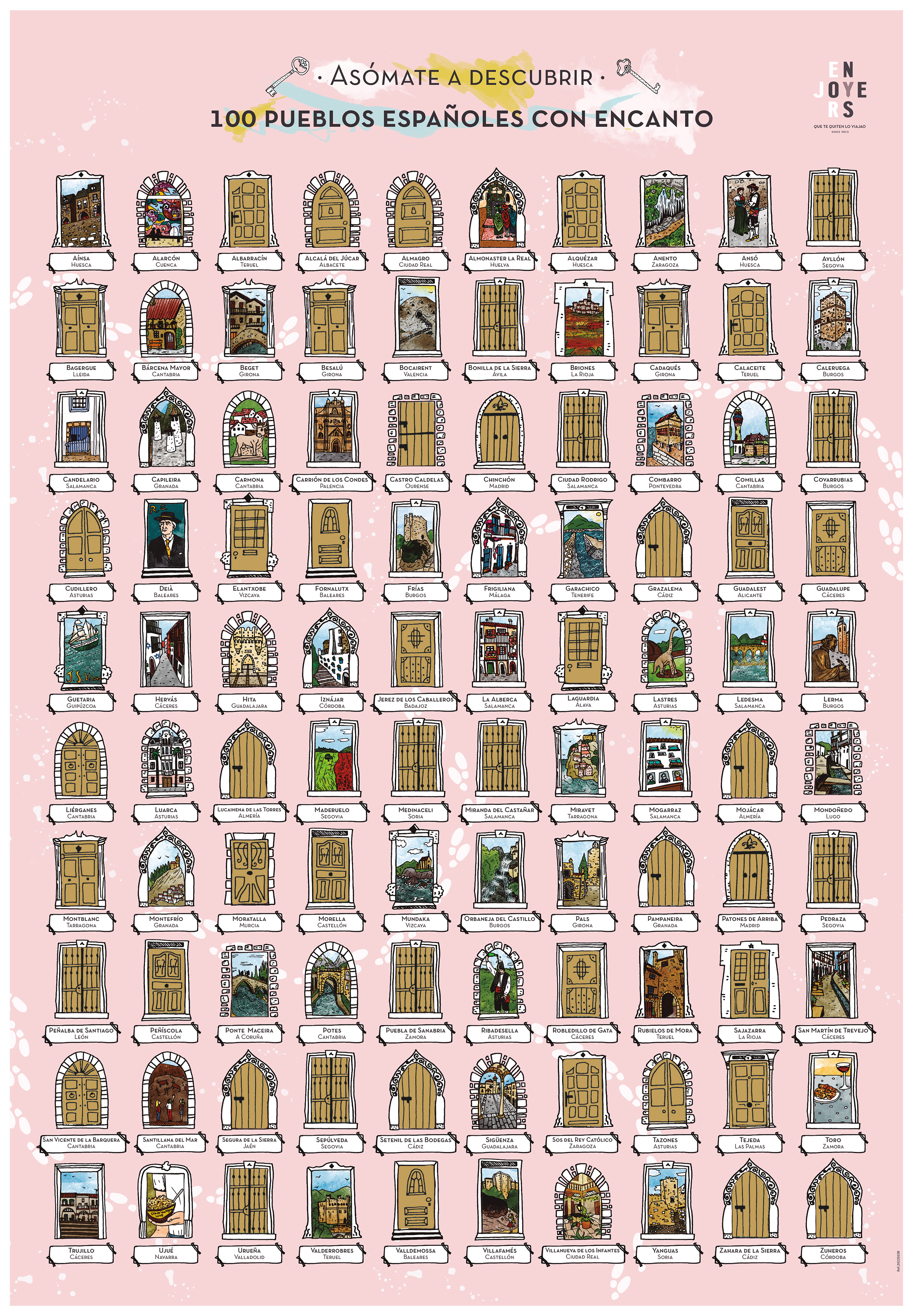 Enjoyers - lamina para rascar 100 pueblos de españa con encanto. lamina rascable decorativa 65x45 cm. mapa poster para pared ilustrado. sin marco