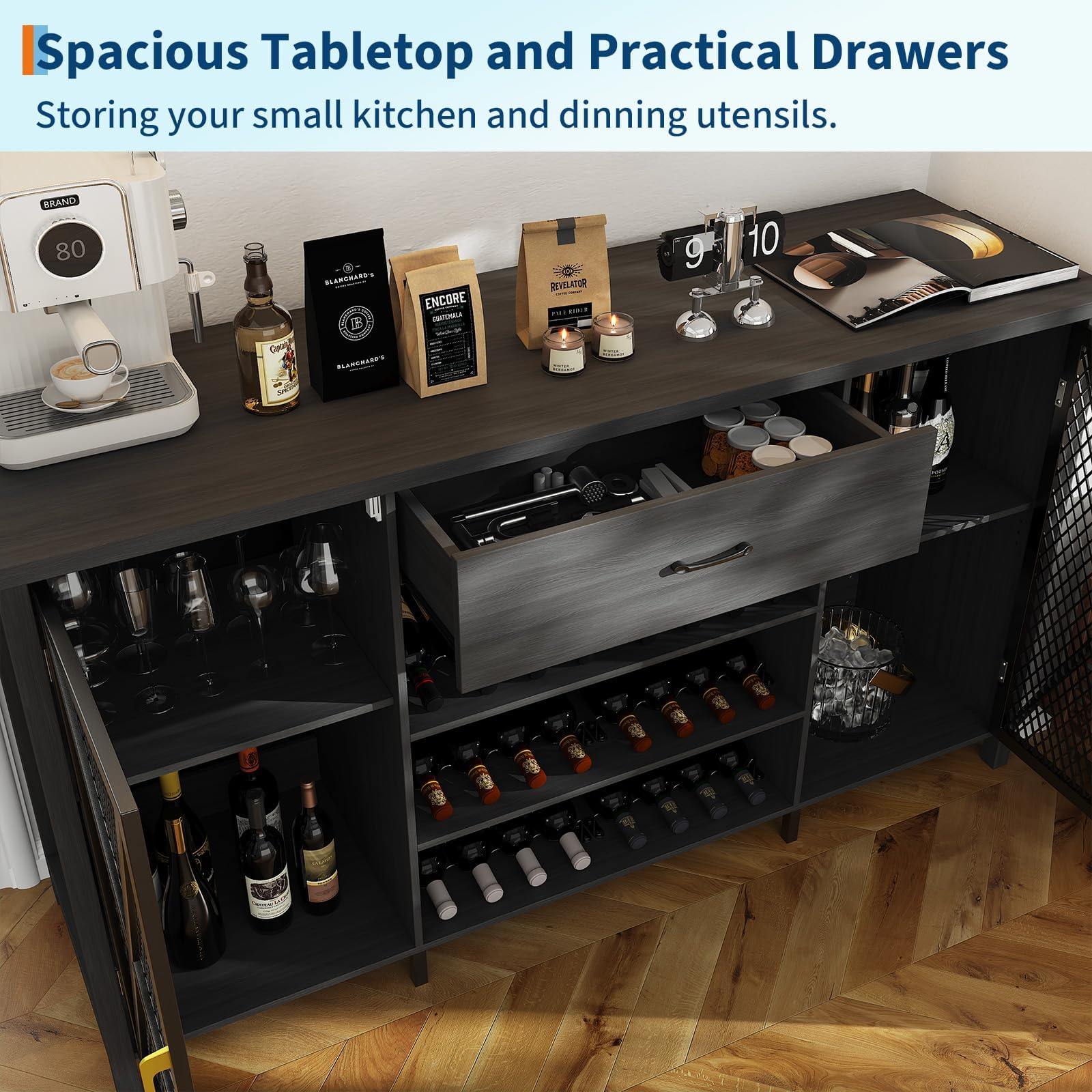 Buffet bar café 180 cm avec mini frigo, rangement 24 bouteilles, tiroir ...