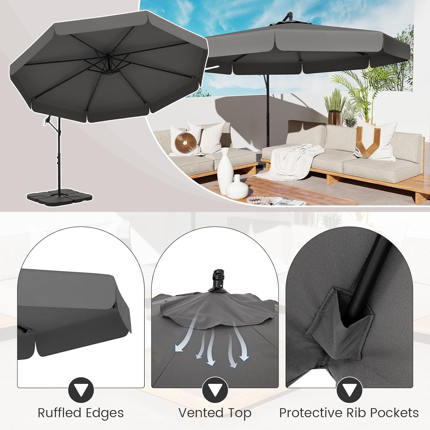 Parasol Déporté 3x3m avec Housse, Grand Parasol de Jardin Exterieur,8 Baleines et Base Croisée, Parasol Inclinable Suspendu avec Manivelle(Gris) - 8