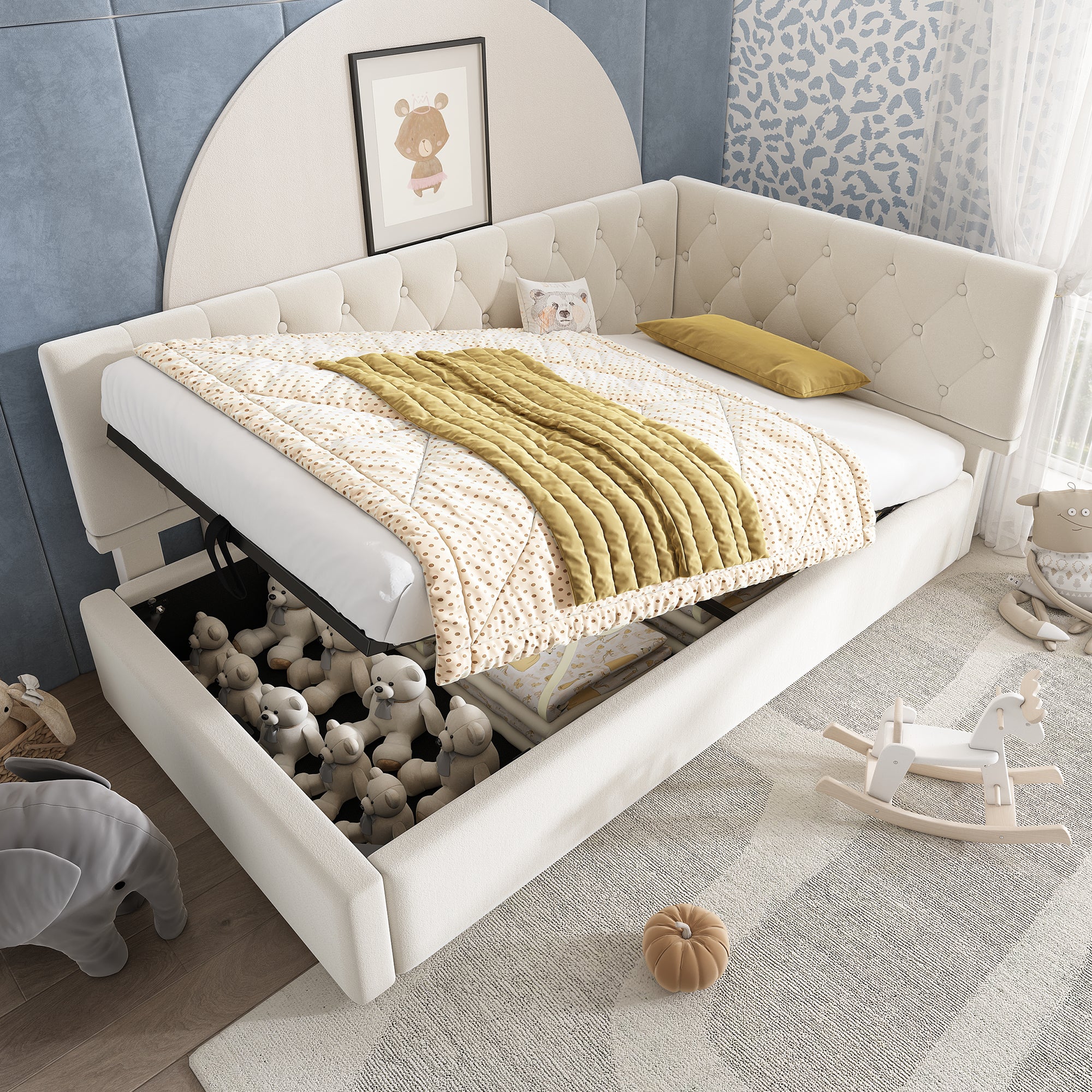 Łóżko Polsteré Design z hydraulicznym schowkiem, rozkładana sofa welurowa 90x200 cm, metalowa rama z drewnianym stelażem z listew – bez materaca