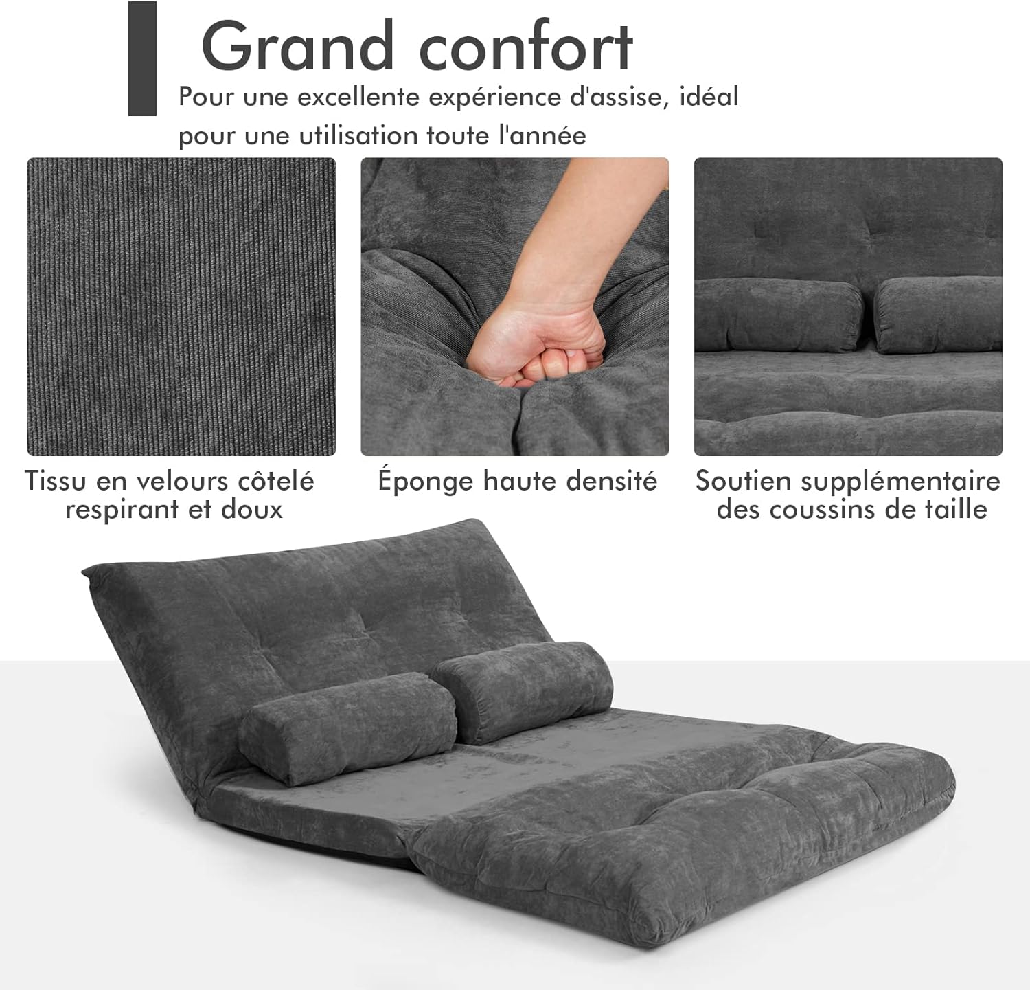 Canapé-lit avec Dossier Inclinable Réglable à 6 Positions, Pliable, pour Salon, Chambre Charge 150KG (156x173x24CM,Gris) - 7