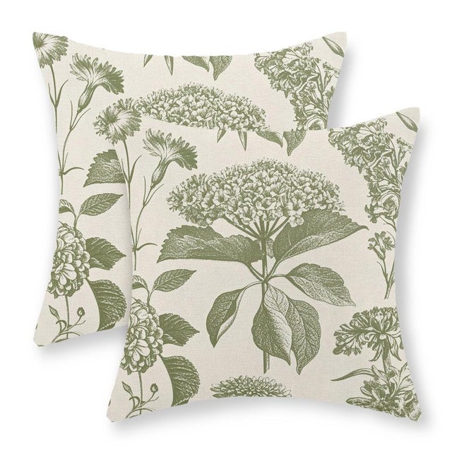 Taies d'oreiller en lin gris-vert à motif d'hortensias, lot de 2, 61 x 61 cm (24 x 24 pouces), idéales pour canapé et décoration extérieure.