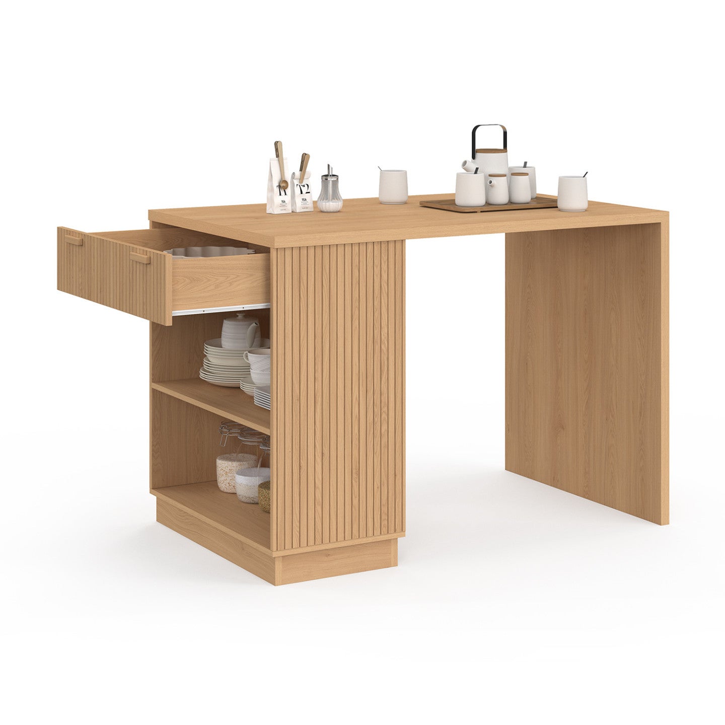 Ilot central mange-debout 4 personnes JULIETTE 130 cm lattes tasseau bois coloris chêne - 4