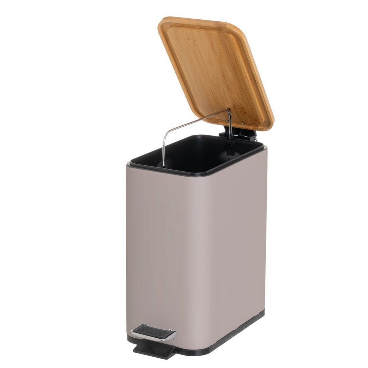 Papelera de pedal rectangular de 5 litros beige mate con tapa de bambú CasaSelección - 7