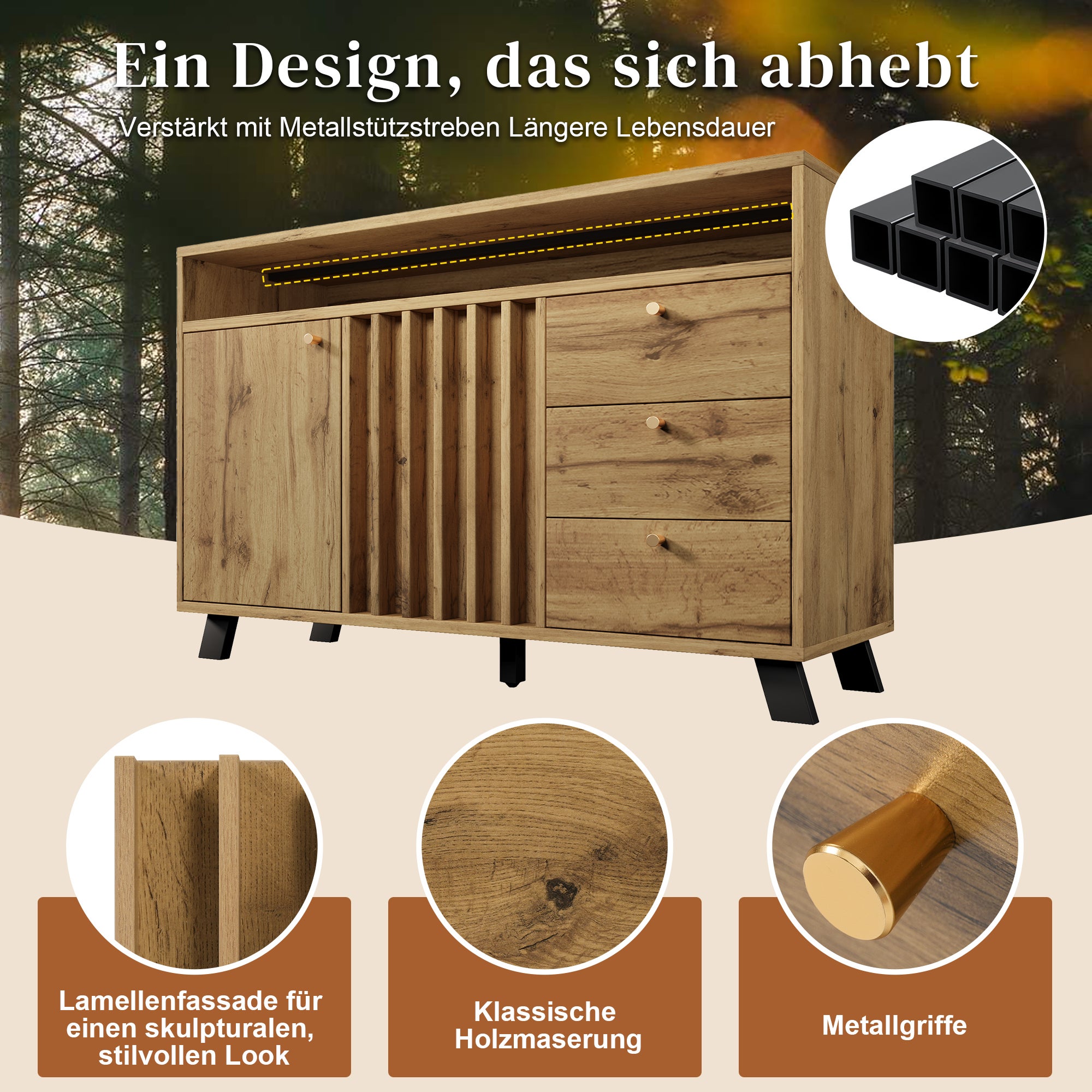 Buffet bas avec 3 tiroirs et 2 portes, commode - 120 x 40 x 85 cm - Panneaux de particules et MDF - Chêne foncé - 4
