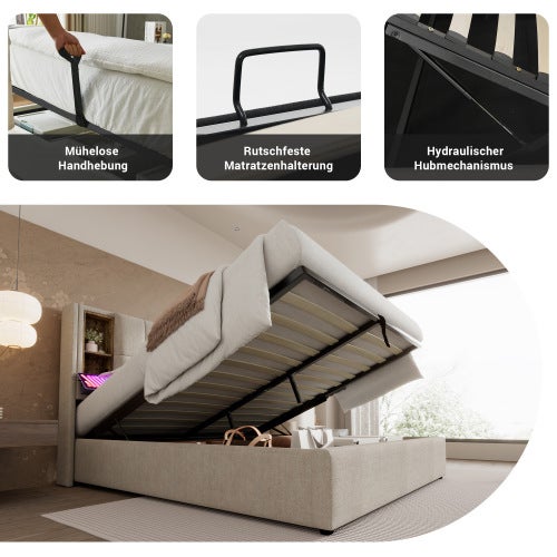 Lit coffre Lit double lit 160x200cm lit rembourré ,avec chargement sans fil USB C, sommier à lattes en bois, lin ,Beige - 7