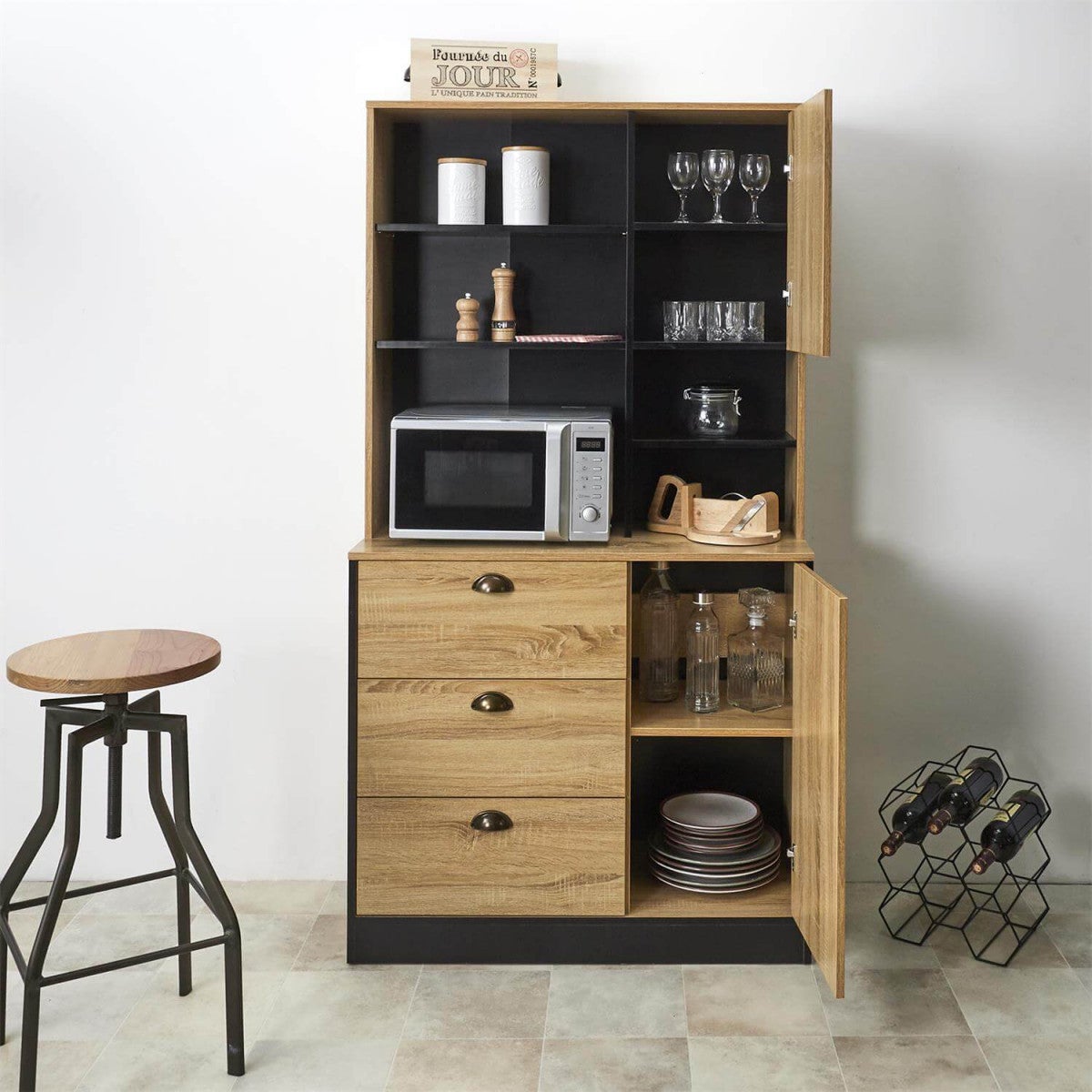 DINAJ - Buffet Vaisselier Multi-Rangement Aspect Bois - 2