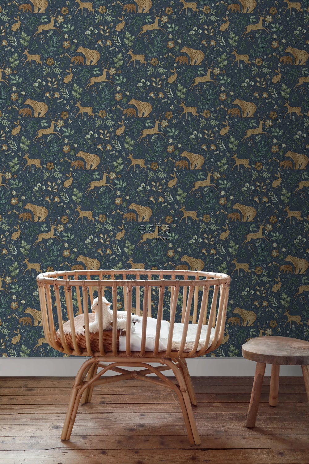 Papier peint forêt avec des animaux de la forêt bleu foncé et beige - 53 cm x 10.05 m - ESTAhome - 3